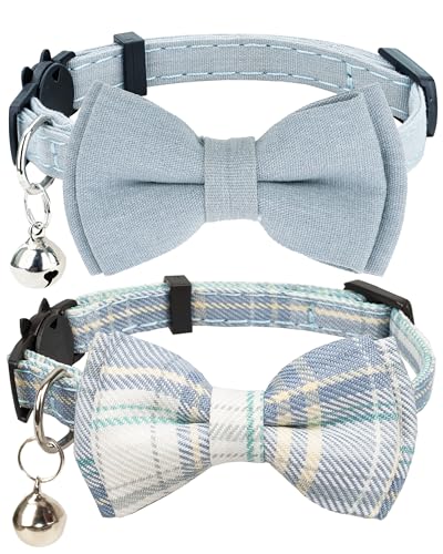 Cat Collar Breakaway Bowtie Safety with Bell Adjustbale Kitten Puppy Solid Plaid Color Set D-[2pcs] Blue - color: D-[2pcs] Blue