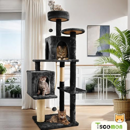 58.5inch Large Cat Tree Tower Condo for Indoor Cats, Soft Plush Multi-Level Climbing Tree Cat House, Scratching Post, More Entrance/Exit, Sisal Rope, Black - color: Black