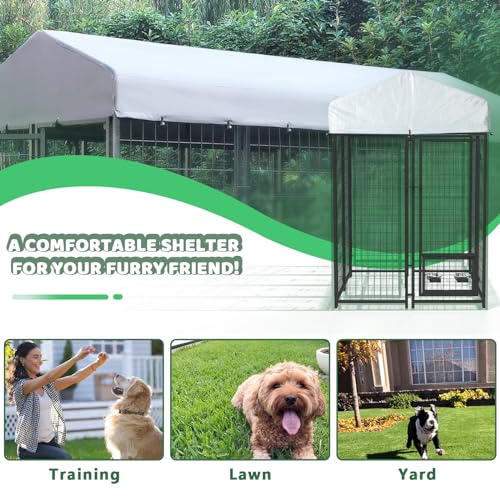 LEMBERI 4x4x6 FT Outdoor Dog Kennel for Large Dogs, Heavy Duty Welded Wire Steel Dog Playpen Fence with Secure Lock, Pet Pen with UV-Resistant Waterproof Roof Cover for Outside - size: 45.4"L x 50.4"W x 72.1"H