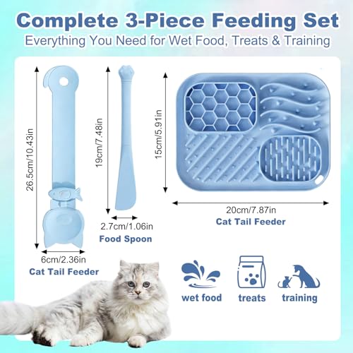 AZY 3-Piece Slow Feeder Cat Bowl and Lick Mat Set – Silicone Cat Treat Spoon & Feeding Mat for Wet Food, Enrichment and Slow Eating (Blue) - color: blue