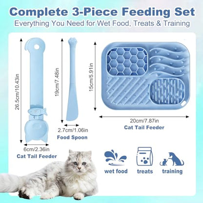 AZY 3-Piece Slow Feeder Cat Bowl and Lick Mat Set – Silicone Cat Treat Spoon & Feeding Mat for Wet Food, Enrichment and Slow Eating (Blue) - color: blue