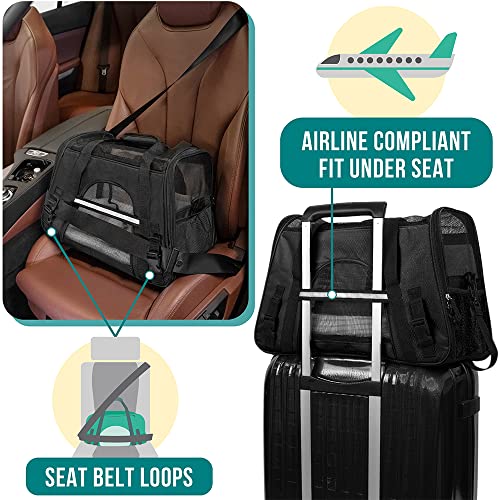 PetAmi Airline Approved Pet Carrier for Cats & Small Dogs, Soft Sided TSA Travel Carrier Bag with Sherpa Bed, Breathable Mesh Ventilation, Collapsible Bowl, Fits Under Seat, Up to 18 lbs, Large Black - color: Black, size: Large - 19.5"L x 10.2"W x 12"H