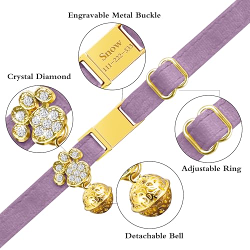 Personalized Breakaway Cat Collars - Magnetic Buckle, Bell - Safety Quick Release, Customized for Girls & Boys Cats- (Velvet-Deep Purple) - color: Velvet-Deep Purple