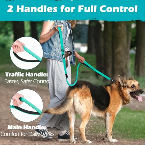 Heavy Duty Tactical Dog Leash, 5 FT Bungee Shock Absorption Leash with 2 Padded Handles, Quick Release Metal Clip, Car Seatbelt, No Pull Training Lead for Large Medium Dogs（Turquoise） - color: Turquoise