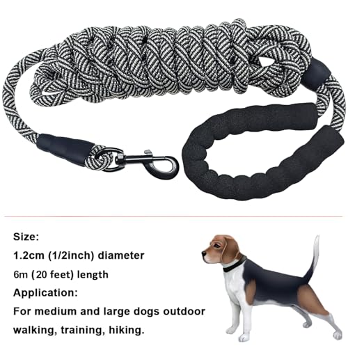 Heavy Duty Rope Dog Leash, 3/4/6/7/8/10/12/15/20/30 FT Long Dog Lead Nylon Pet Leash, Soft Padded Handle Thick Lead Training Leashes for Large Medium Dogs (20ft * 1/2", Black) - color: black, size: 1/2" * 20'