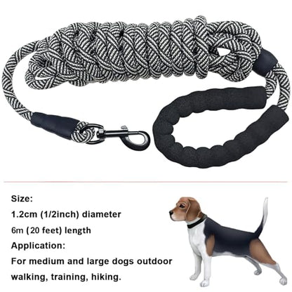 Heavy Duty Rope Dog Leash, 3/4/6/7/8/10/12/15/20/30 FT Long Dog Lead Nylon Pet Leash, Soft Padded Handle Thick Lead Training Leashes for Large Medium Dogs (20ft * 1/2", Black) - color: black, size: 1/2" * 20'