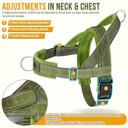 Lukovee No Pull Dog Harness and Leash Set - Heavy Duty Dog Vest with Soft Velvet Padding for Medium Large Dogs, Adjustable Reflective Tactical Harness with 2 Control Handles & Front Clip (M, Green) - color: Green, size: Medium