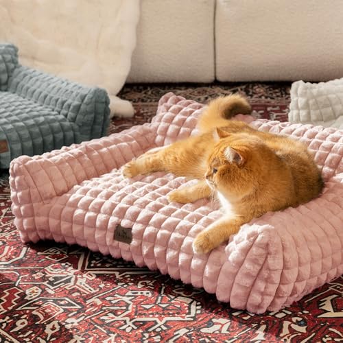 Cute Small Dog Couch Bed – Supportive & Fluffy Pet Sofa with Faux Rabbit Fur Washable Cover in 3D Diamond Pattern, 30" Pink - color: Pink, size: Medium: 30"L x 20"W x 10"Th