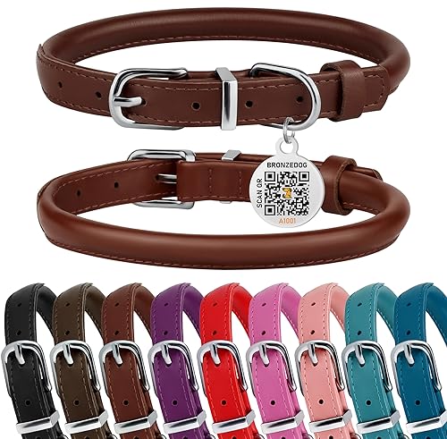 Rolled Leather Dog Collar – Soft & Glossy Leather with QR-ID Tag, Prevents Tangling & Matting, for Small, Medium & Large Dogs (XS: 9-11 Inch, Chocolate Brown) - size: XS: 9 - 11 Inch
