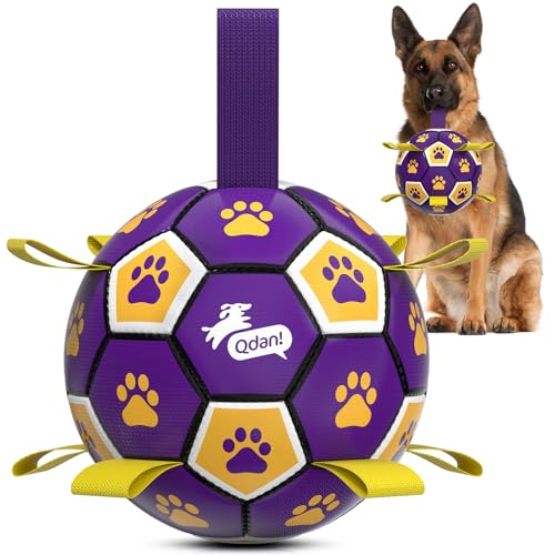 QDAN Extra Large Dog Toys Soccer Ball - Durable Dog Balls for Extra Large Dogs with Straps, Interactive Dog Tug Toy with Strap for Tug of War (9 Inch) - color: Purple Yellow, size: 9 Inch