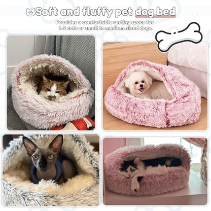 SUOXU Anti-Anxiety Cat Bed, Plush Hooded Cave, 20 in Diameter, Suitable for Small to Medium Pets, Pink - color: Pink