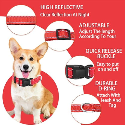 Reflective Dog Collar with Safety Locking Buckle, Adjustable Soft Breathable Nylon Collars for Small, Medium and Large Dogs(Collar+Leash XS Width 3/8" Red) - color: Red, size: XX-Small (Width 3/8")