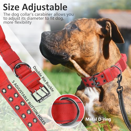 Tactical Dog Collar with Control Handle, Military Adjustable Pet Collar Reflective Heavy Metal Buckle Dog Collar, Soft Nylon Training Collar for Medium Large Dogs (Red, Medium) - color: Red, size: Medium