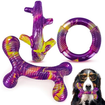 Furdog Indestructible Dog Toy 3Pack, Dog Chew Toys for Aggressive Chewers, Tough Dog Toys to Keep Them Busy for Medium Large Breed, Bacon Flavor (Purple) - color: Purple