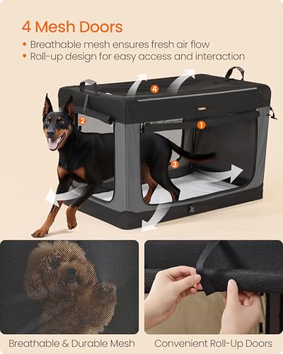 Feandrea Collapsible Dog Crate, 48-Inch Portable Dog Travel Crate for Extra Large Dogs, Oxford Fabric Pet Carrier with 4 Mesh Doors, Handles, Storage Pocket, Water Bottle Holder, Ink Black UPDC022BH01 - size: XXXL (48"L x 29"W x 31"H)