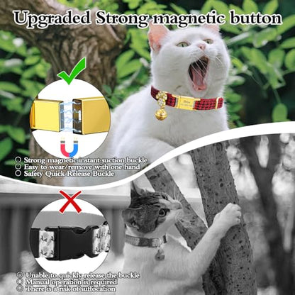 Personalized Breakaway Cat Collars - Magnetic Buckle, Bell - Safety Quick Release, Customized for Girls & Boys Cats- (Houndstooth-Red) - color: Houndstooth-Red