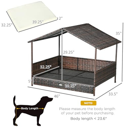 PawHut Outdoor Wicker Dog House with Canopy, Rattan Dog Bed with Soft Cushion Removable Cover for Medium and Large Dogs, Cream White