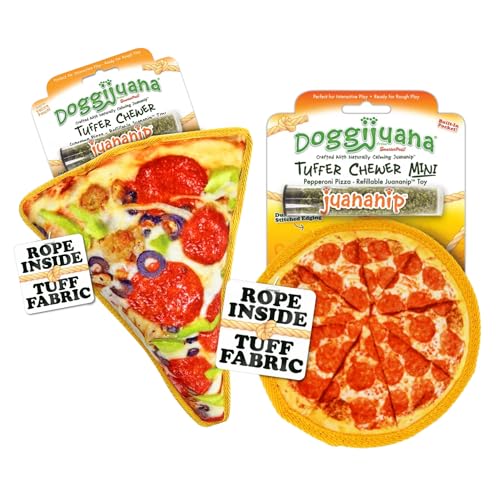 Doggijuana Cafe Combo Refillable Juananip Toy Bundle | Supreme Pizza & Pepperoni Pizza | Funny Dog Toy Plush with Catnip and Refill | Interactive Chew for Play - style: Supreme Pizza & Pepperoni Pizza