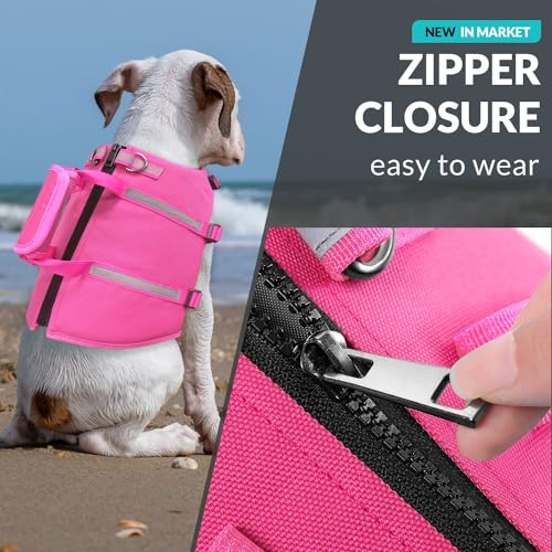 Queenmore Small Dog Life Jacket - Adjustable Reflective Lifesaver Vest with Back Zip, Rescue Handle, Leash Hook (Fuchsia S) - color: Fuchsia, size: Small