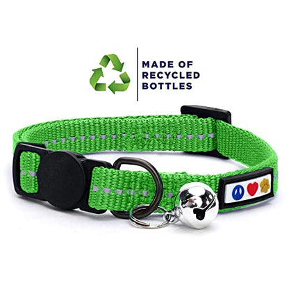 Pawtitas Recycled Green Reflective Cat Collar – Eco-Friendly Breakaway Safety Buckle, Adjustable Kitten & Adult Collar with Removable Bell and High-Visibility Strap - color: Recycled Green