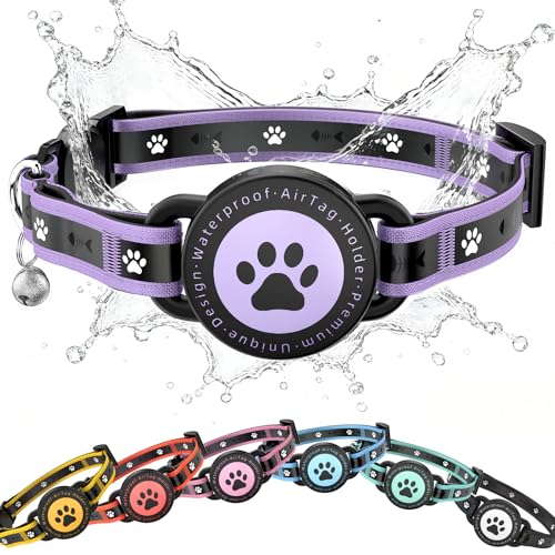 Airtag Cat Collar Breakaway, Reflective Cat Collar with AirTag Holder and Bell, Compatible with Apple Air Tag, Comfortable Padding, Adjustable, Durable (Purple, S) - color: Purple, size: S(9.3"-13")
