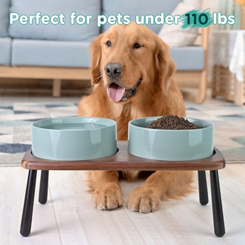 SPUNKYJUNKY Ceramic Elevated Dog Bowls Raised with Acacia Bamboo Wooden Stand, 8.3'' Dog Food Water Bowls Set Non-Slip for Medium Large Sized Breed Microwave Dishwasher Safe - 60 OZ,Light Green - color: Light Green, size: 8.3 in - Dual
