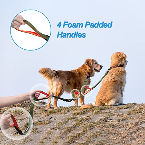 Double Dog Leash, No Tangle Dual Leash, Reflective Walking Training Lead, 4 Comfortable Padded Handles for 2 Dogs with Collapsible Bowl and Waste Bags (Khaki Green, Large) - color: Khaki Green