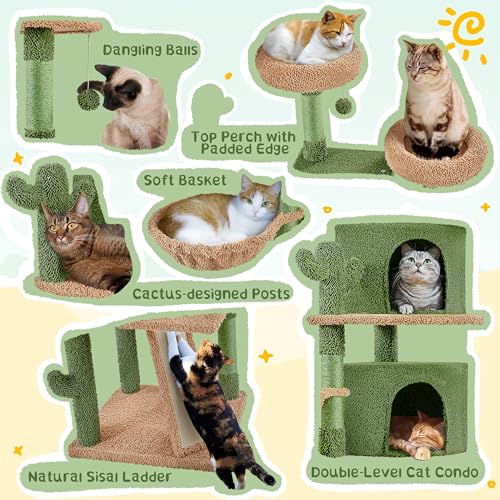 Yaheetech Cactus Cat Tree, 66?H Cat Tower for Indoor Cats, Multi-Level Cat Tree with Large Condos & Ramp, Pet Play House with Padded Perch, Platforms, Basket & Hanging Ball, Green/Brown