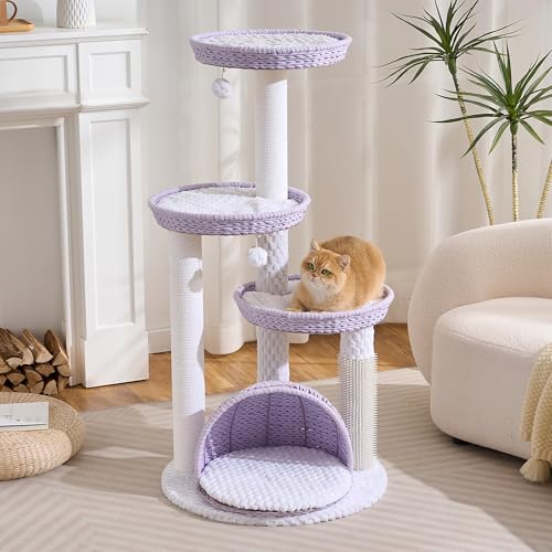 HITTITE Modern Cat Tree Tower with Scratching Post, 46 Inches Tall Cat Towers with Woven Cat Nests and Cave, Multi-Level Cat Tree With Removable Cushions and Massage Brush for Indoor Cats Large Adult. - color: Purple, size: 46in