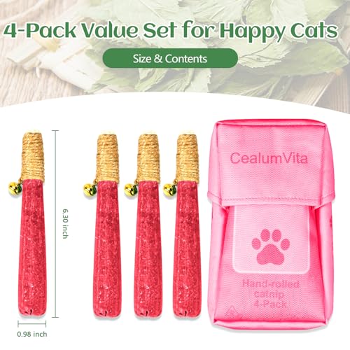 4 Pack Hand-Rolled Catnip Sticks with Chew Rope & Bell -Shaped Cat Toys for Indoor Cats and Kicker Toys, Teething Chew and Play Fun (Pink) - color: Pink