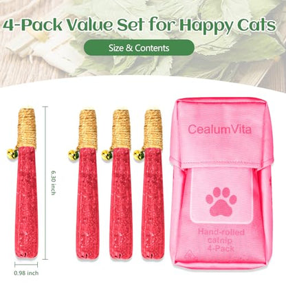 4 Pack Hand-Rolled Catnip Sticks with Chew Rope & Bell -Shaped Cat Toys for Indoor Cats and Kicker Toys, Teething Chew and Play Fun (Pink) - color: Pink