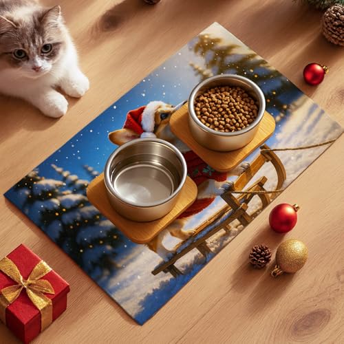 HOMETITUTE Cute Winter Dog Pet Food Mat Merry Christmas Spill-Proof Pet Feeding Mat Winter Holiday Cat Water Bowl Mats 20" x 12" Christmas Pet Placemat Cat and Dog Accessories - color: Orange