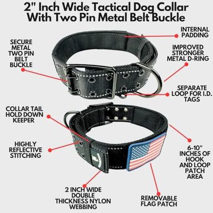 Tactical Dog Collar 2 Inch Wide Heavy Duty with Metal 2-Pin Belt Buckle for Medium, Large & XL Dogs, Thick Military-Style K9 Collar, Reflective, with Name Plate Area, USA Flag Patch, Strong & Durable - color: BLACK, size: 12-20 inches