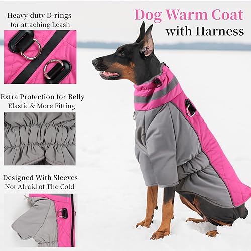 Dog Coat with Harness, Warm Dog Winter Coat Waterproof Dog Cold Weather Jacket Padded Dog Fleece Vest for Small Medium Large Dogs, Reflective High Collar Dog Winter Snowsuit Coat, Rose Red 2XL - size: XX-Large