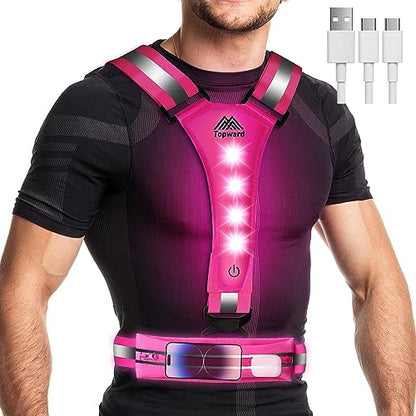 Topward LED Reflective Vest Running Gear, USB-C Rechargeable, Light Up Lights for Night Dog Walking Cycling, Running Phone Holder Vest for Runners, High Visibility with Adjustable Waist/Shoulder - color: pink