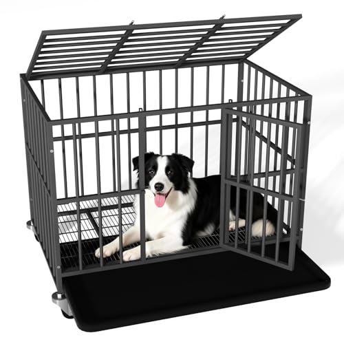 38 inch Heavy Duty Dog Crate with Dual Doors and Lockable Wheels, Large Dog Kennel Indoor, Removable Tray for Easy Cleaning, Dog Cage for Medium to Large Breeds and Anxious Dogs - color: Black, size: 38 inch