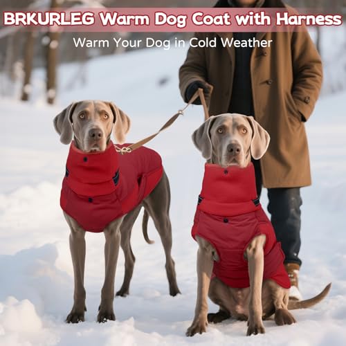 BRKURLEG Dog Winter Coat with Harness Built in, Warm Jacket for Small Medium and Large Dogs, Windproof Turtleneck Fleece Dogs Snowsuit with Hook & Loop, Reflective Christmas Dog Jacket, Red L - color: Red, size: Large