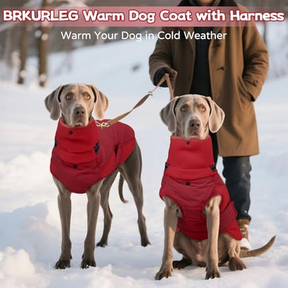 BRKURLEG Dog Winter Coat with Harness Built in, Warm Jacket for Small Medium and Large Dogs, Windproof Turtleneck Fleece Dogs Snowsuit with Hook & Loop, Reflective Christmas Dog Jacket, Red XXL - color: Red, size: XX-Large
