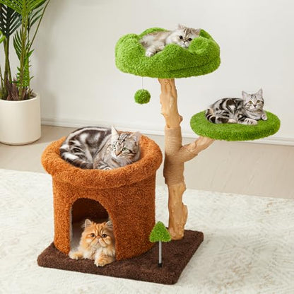 32-Inch Multi-Level Cat Tree Tower, Natural Wooden Cat Furniture with Sisal Scratching Posts, Beds & Condo, Cute Cat Tree for Indoor Cats, Multi-Cat Householdsolds - color: Green