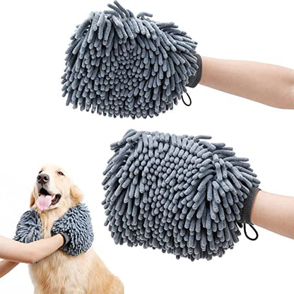 Super Absorbent Dog Dry Bath Gloves, Chenille Microfiber Pet Dirty Dogs Grooming Glove, Suitable for All Dog Breeds, For Wiping Wet Paws and Bodies, Machine Washable 2 Pack