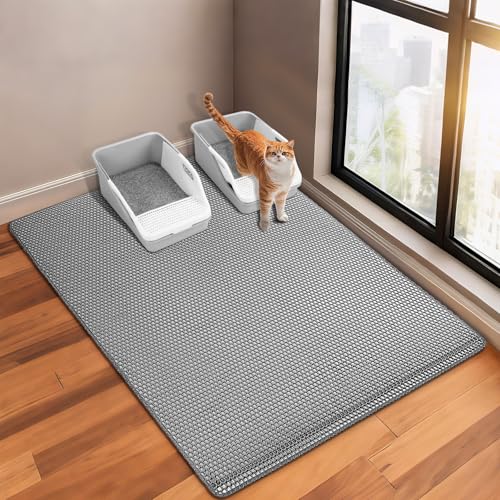 GRELY Cat Litter Mat,XL47''X 28'' Extra Large Litter Trapping Mat,Kitty Litter Box Mat,Double Layer Cats Rug for Pet, Litterbox Mats for Floor,Waterproof Urine Proof,Non-Slip - color: Grey XL 47"x28"