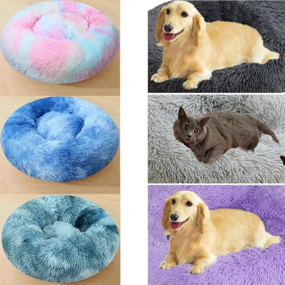 Large Calming Dog Bed, 47 Inch Anti-Anxiety Donut Dog Cuddler Cat Bed, Warming Cozy Soft Dogs Round Bed, Fluffy Faux Fur Machine Washable Pet Cushion for Medium Large Dogs & Cats (Blue White) - color: Blue White, size: 47.0"L x 47.0"W x 8.0"Th /Round 120c