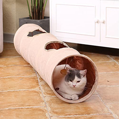Primst Collapsible Cat Tunnel,Durable Suede Pet Toys Play Tunnel with Ball and Hole,for Cats,Rabbits,Kittens,Puppy and Small Pets (Beige 47x10inch)