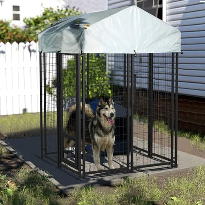 LEMBERI 4x4x6 FT Outdoor Dog Kennel for Large Dogs, Heavy Duty Welded Wire Steel Dog Playpen Fence with Secure Lock, Pet Pen with UV-Resistant Waterproof Roof Cover for Outside - size: 45.4"L x 50.4"W x 72.1"H
