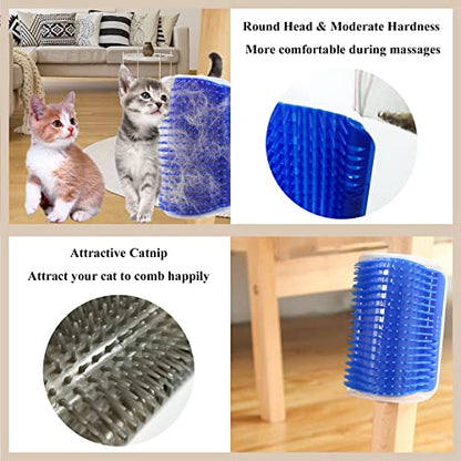 Hair Brush, 4 Pack Cat Wall Corner Groomers with Catnip, Soft Face Scratchers Brush, Corner Massage Comb for Long & Short Fur Cat Owners, All Ages, Unisex (Grey&Blue)