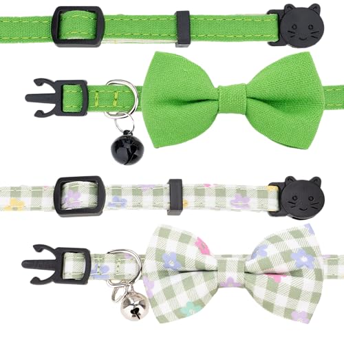 Cat Collar with Bow Tie Bell Breakaway Bowtie 2pcs Set Spring Plaid Flower Floral Solid Boy Girl Cute Kitten Safety B [Plaid & Solid] Green - color: B [Plaid & Solid] Green