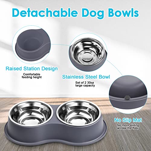 Epetslove Dog Bowls Large Double Dog Water and Food Bowls Stainless Steel Bowls with Non-Slip Resin Station, Pet Feeder Bowls Food Dish for Small Medium Large Dogs Cats - color: 4.Grey, size: Large-34oz
