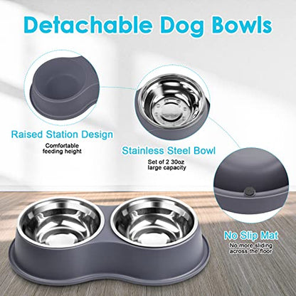 Epetslove Dog Bowls Large Double Dog Water and Food Bowls Stainless Steel Bowls with Non-Slip Resin Station, Pet Feeder Bowls Food Dish for Small Medium Large Dogs Cats - color: 4.Grey, size: Large-34oz