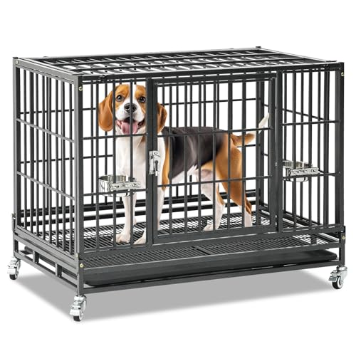 Heavy Duty Dog Crate 36 Inch, Stackable Dog Crate Cage Kennel for Breeders & Groomers, Drop Cages for Medium Dogs with 4 Wheels, 2 Bowls, Easy to Clean Grids & Tray - size: 36"L x 22.5"W x 29"H