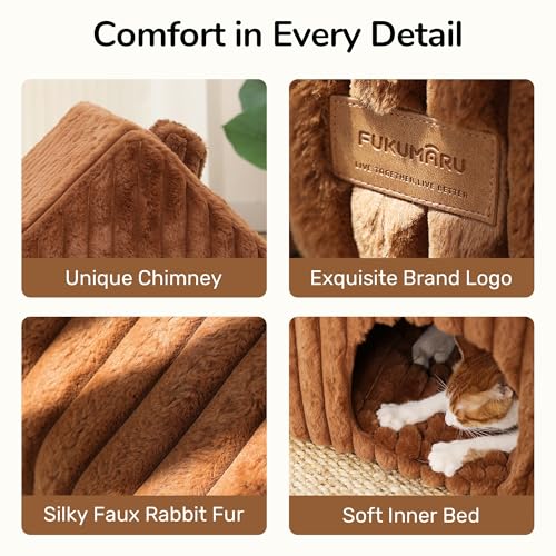 FUKUMARU Cat Houses for Indoor Cats, Washable Cute Cat Bed Cave with Removable Pillow, Large Semi-Enclosed Cozy Dog House Indoor, Soft Faux Rabbit Fur Kitten Bed, 17.5-Inch Durable Cat Hideaway, Brown - color: Brown